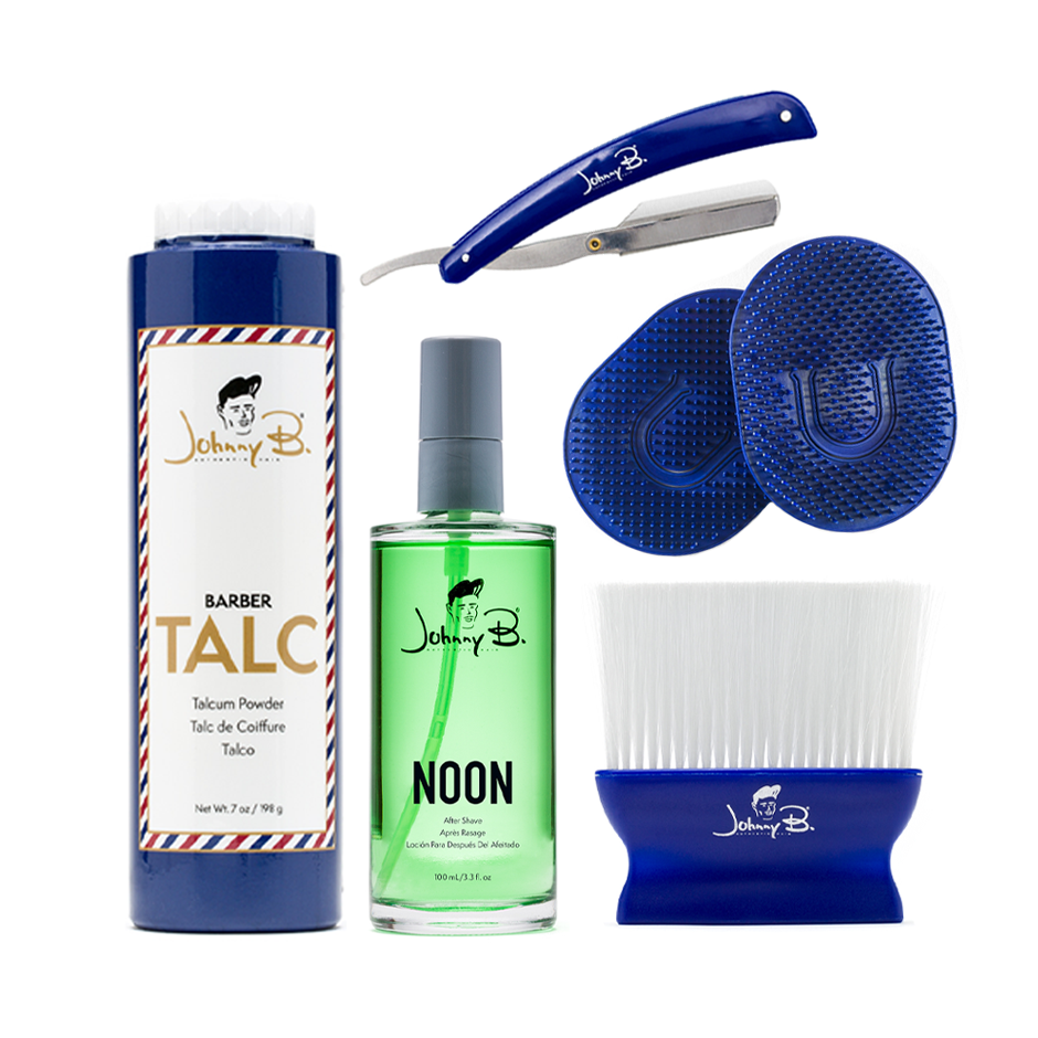 Essentials Box tools includes: Talc, After Shave, OG Barber Brush, Razor, Neck Duster