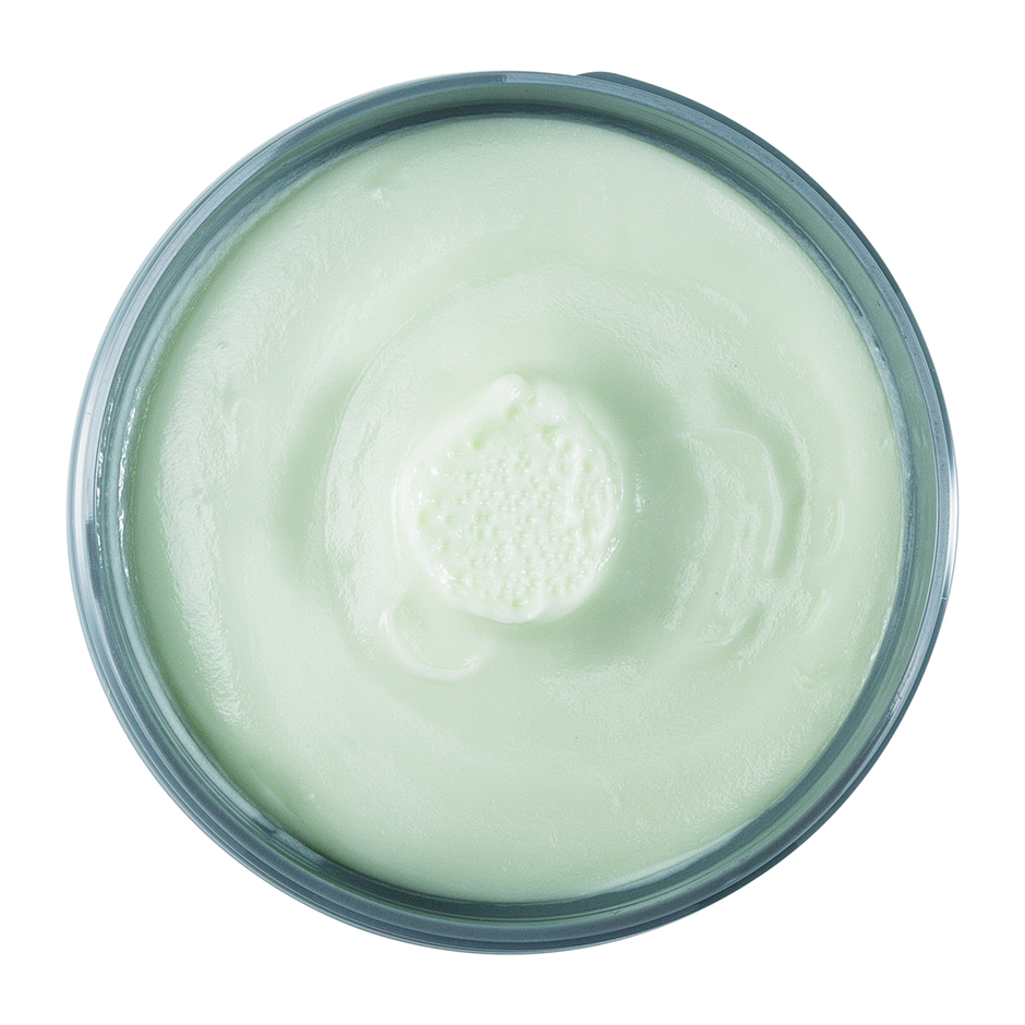 Johnny B. Shave Cream 12oz jar with lid open, revealing the light green colored product