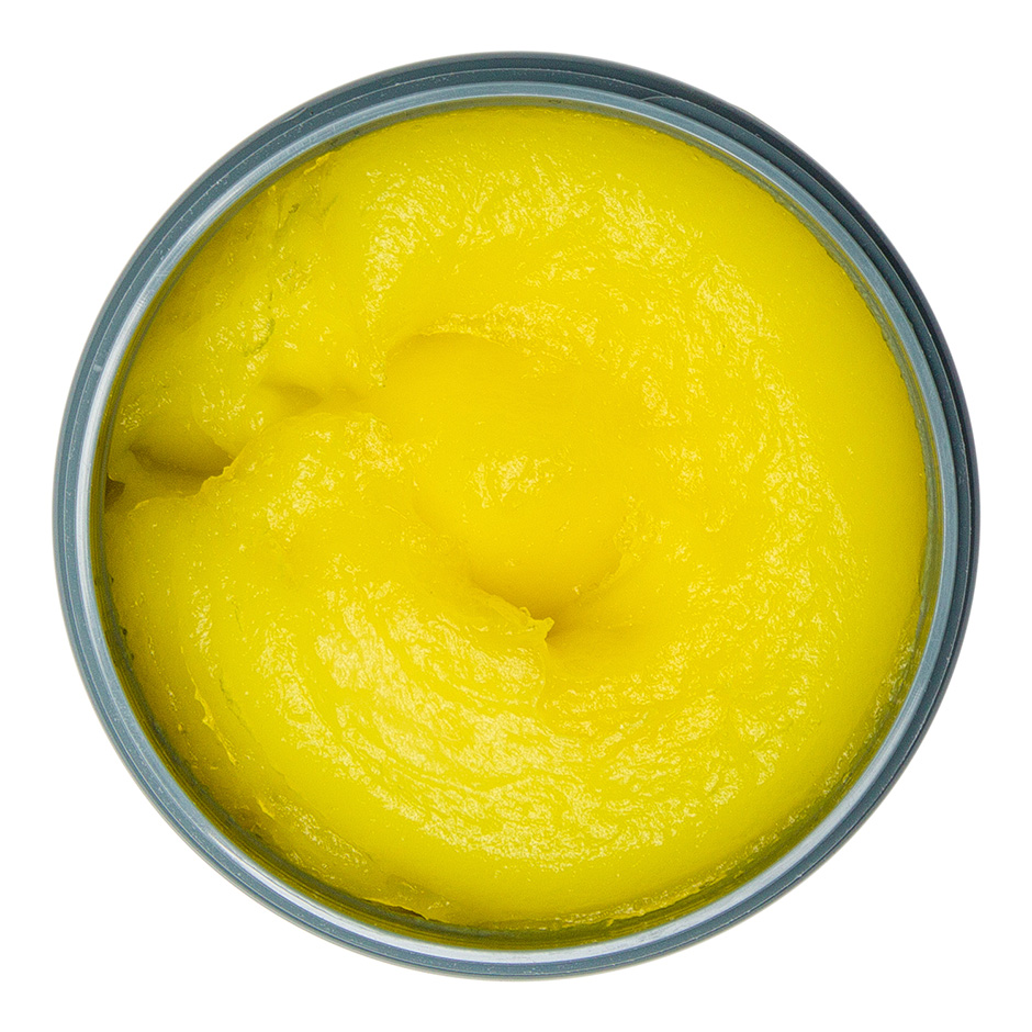 Johnny B. Fuddy 12oz jar with lid open, revealing the yellow colored gel