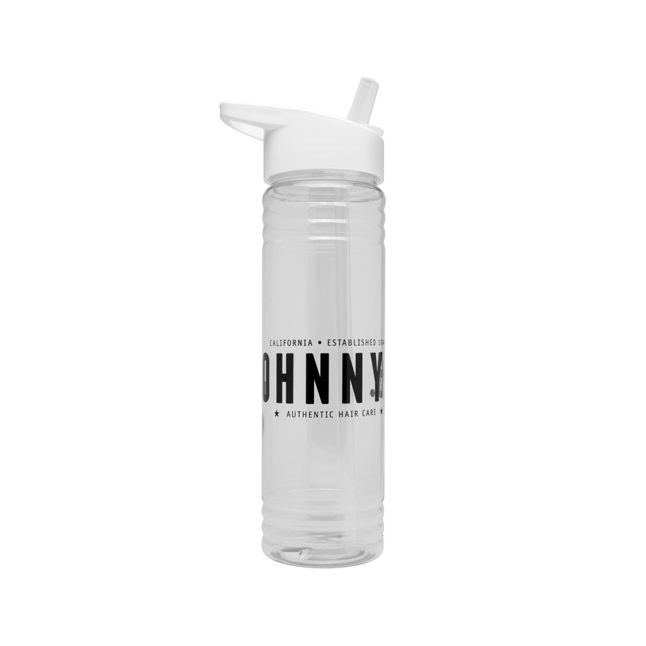 Johnny B. clear Water Bottle. Logo printed in black.