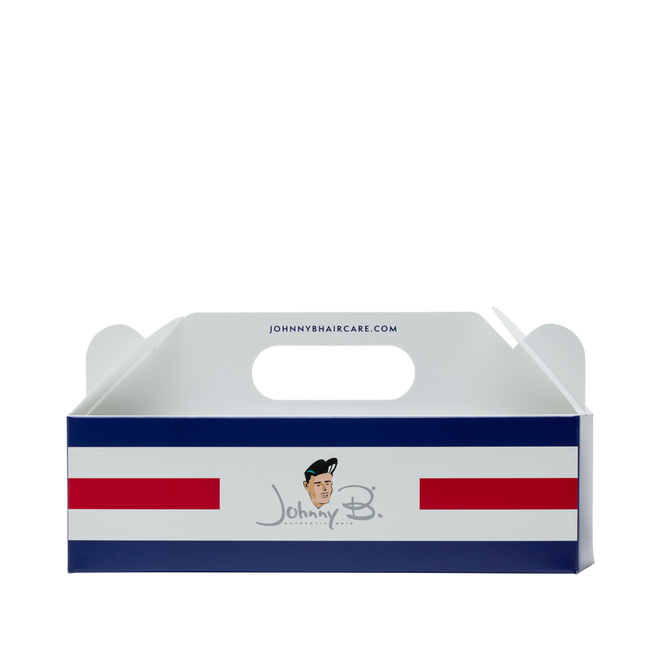 Johnny B. Art of Barbering comb bundle set. Box packaging features logo with blue and red stripes.