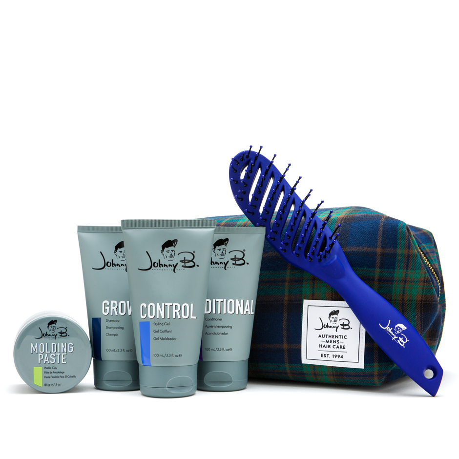 Johnny B. Hair Dopp Bag. Includes Plaid Dopp Bag with 5 styling products.