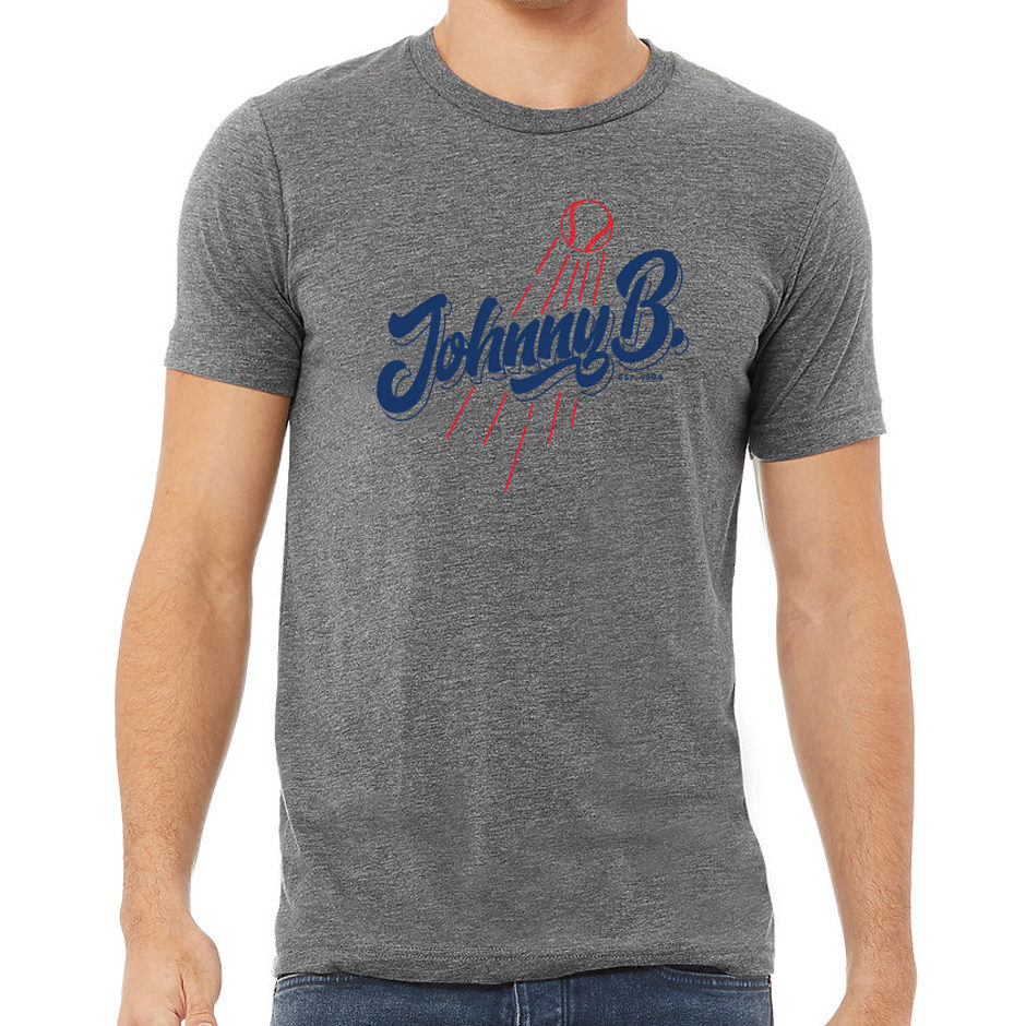 Johnny B. gray T-shirt with a red baseball design