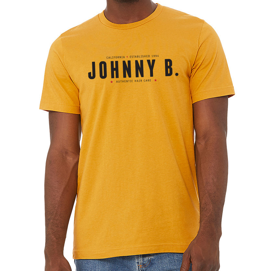 Yellow Johnny B T-shirt featuring the logo