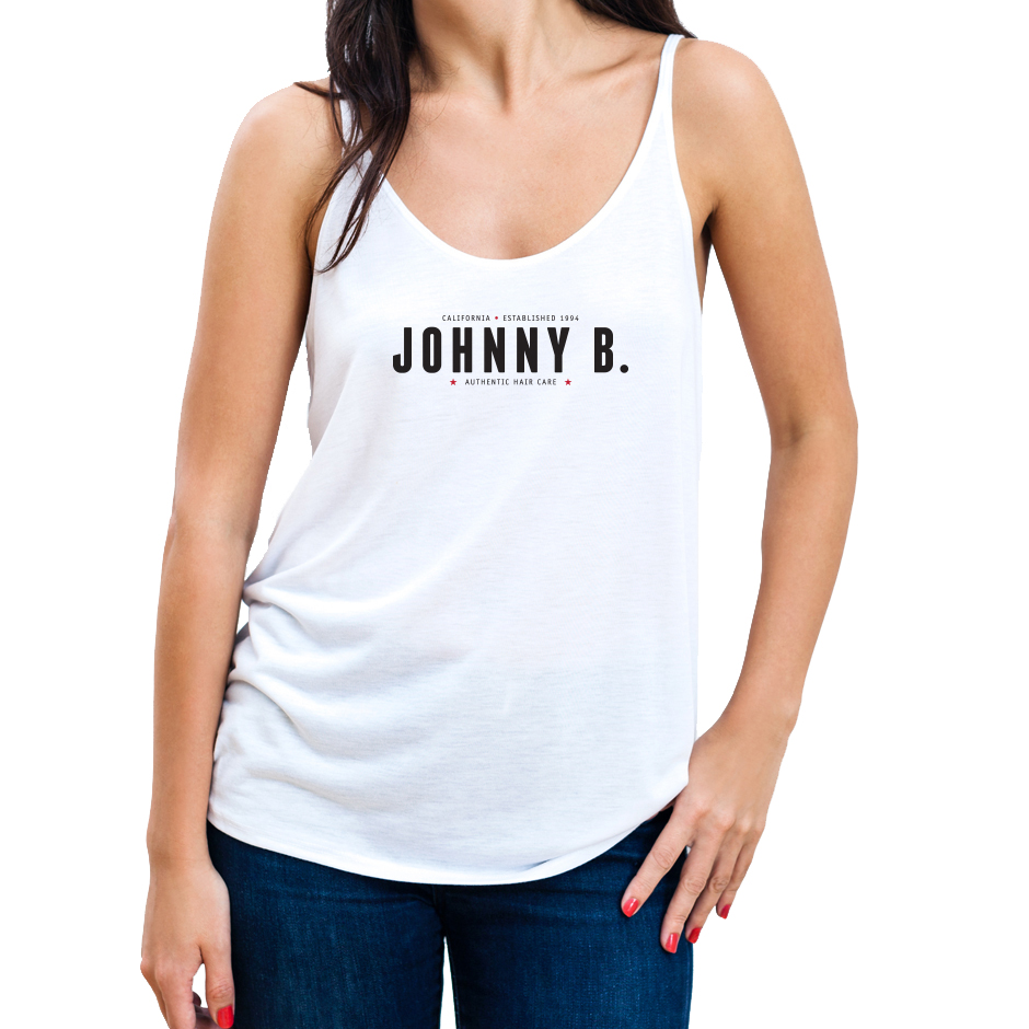 Johnny B. white tank top for women. Johnny B. logo is in black.
