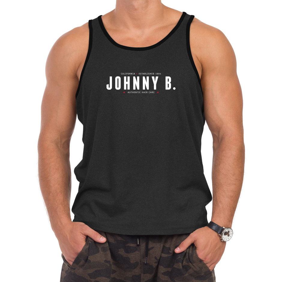 Johnny B. black tank top for men. Johnny B. logo is in white.