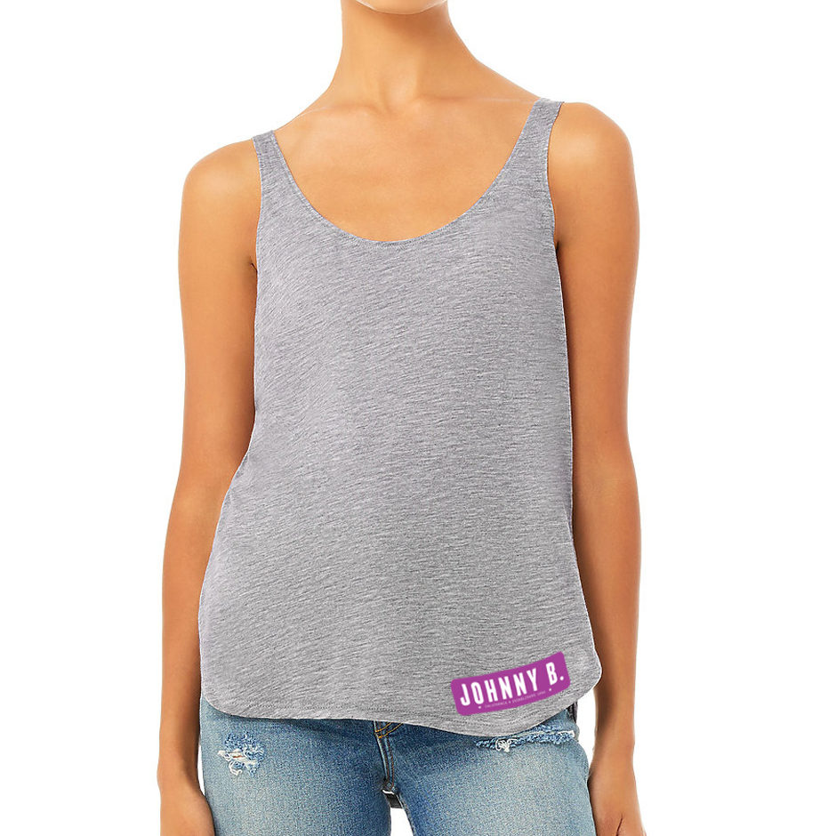 Johnny B. gray women's tank top with Johnny B. logo in purple on bottom right side.