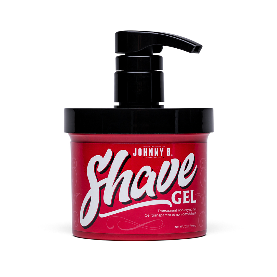 Shave Gel product in red jar and black pump