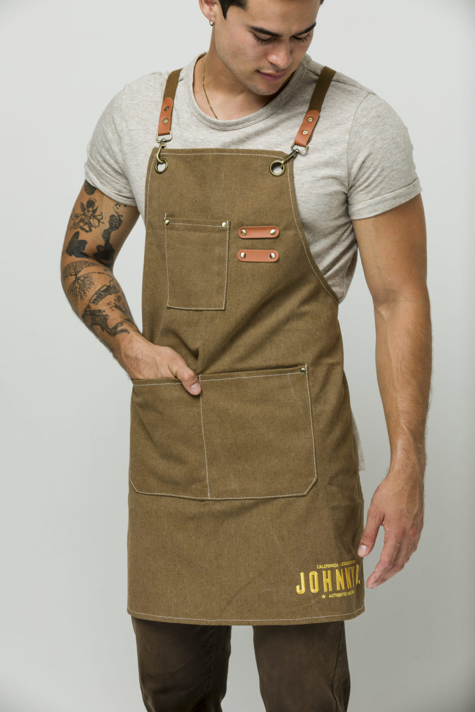 Front details of brown work apron