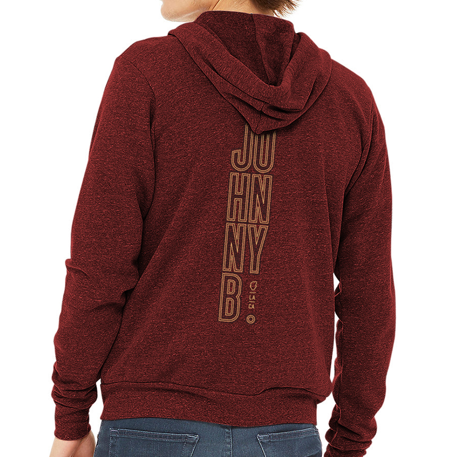 Johnny B. maroon hoodie sweater (back) with Johnny B artwork in yellow