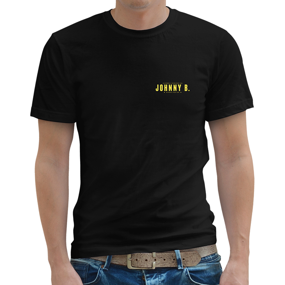 Johnny B. Call My Name shirt (front). Johnny B. logo in yellow on right chest.