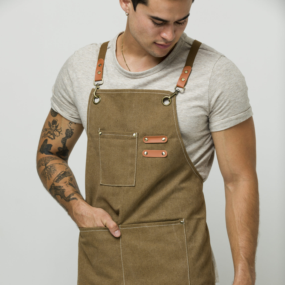 Model wearing brown Work Apron (front)